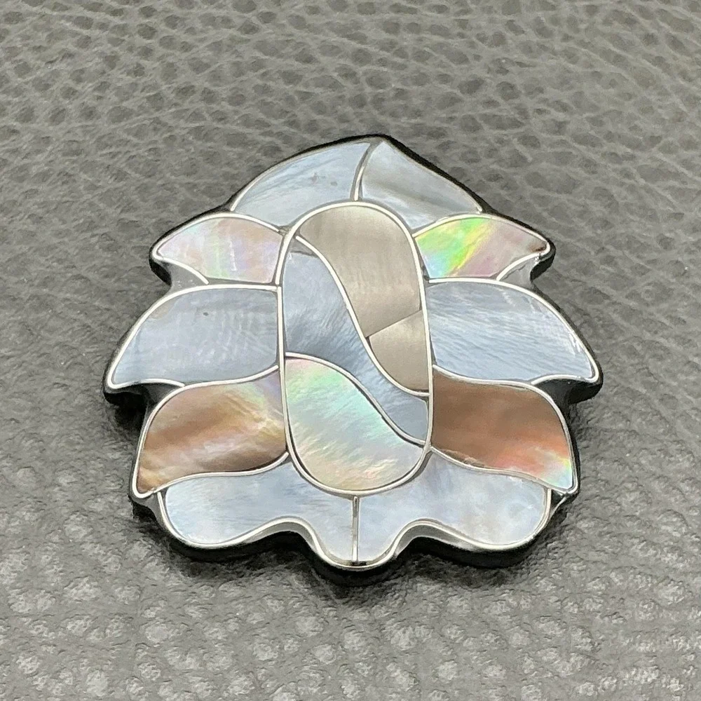 Mother Of Pearl Shell Inlay Flower Brooch Pin Multicolor Resin 2 Inch Iridescent
